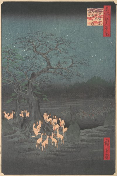 Shozokuenoki Tree em Oji: Fox-fogo na véspera de Ano Novo, 1857., 1857. de Ando Hiroshige