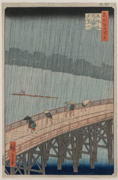 Chuva repentina sobre a ponte Shin-Ohashi e Atake ..., 1857. de Ando Hiroshige