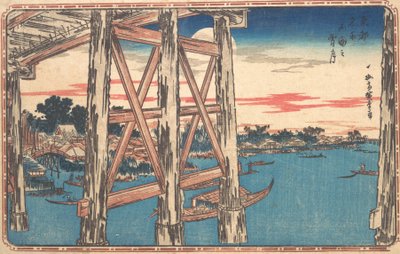 Lua Crepuscular na Ponte Ryogoku. de Ando Hiroshige
