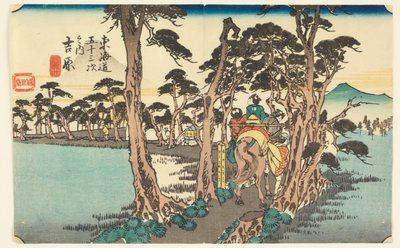 Boa palha. Esquerda Fuji (Yoshiwara com sorte t Fuji), fm city degree Oshuyama Tsunauchi (fifty-Thray S e outros soam s sound te city degree) de Ando Hiroshige