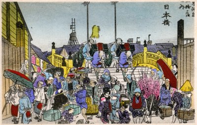 Geografia. Japão. O brilho da manhã em Nihonbashi (1ª estação). Xilogravura de Hiroshige em: Fifty Three Stations of the Tokaido (1833-1834). Postal, Japão, c.1900 (postal) de Ando or Utagawa (after) Hiroshige