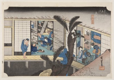 Akasaka: Pousada com Serving Maids (Akasaka, ryosha sh?fu no zu) (impressão em bloco de madeira colorida) de Ando or Utagawa Hiroshige