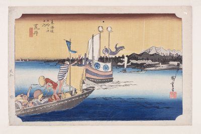 Arai: Ferryboat (Arai, watashibune no zu) (impressão em bloco de madeira colorida) de Ando or Utagawa Hiroshige
