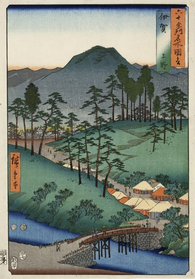 Castelo de Ueno, na província de Iga, no. 6 da série Imagens de lugares famosos nas sessenta e ímpares províncias, 1853 de Ando or Utagawa Hiroshige