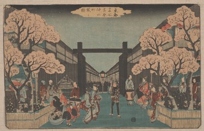 Cerejeiras em flor em Naka-no-cho, em Yoshiwara (xilogravura) de Ando or Utagawa Hiroshige