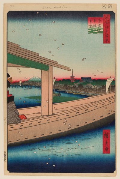 Vista ao longe do Templo Kinryuzan e da Ponte Azuma (Azumabashi Kinryuzan Enbo) de Ando or Utagawa Hiroshige