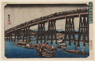 Desfrutando do Cool Noturno na Ponte Ry?goku (Ry?goku-bashi n?ry?) (impressão em bloco de madeira colorida) de Ando or Utagawa Hiroshige