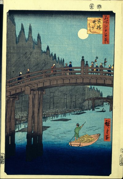 Impressão em xilogravura japonesa: The Bamboo Wharf da ponte Kyobashi (Tóquio, Japão). Série cem vistas famosas de Edo. (Bamboo Quay pela ponte Kyobashi, cem vistas famosas de Edo). Obra de Utagawa Hiroshige (1797-1858), xilogravura (39x26 cm) de Ando or Utagawa Hiroshige