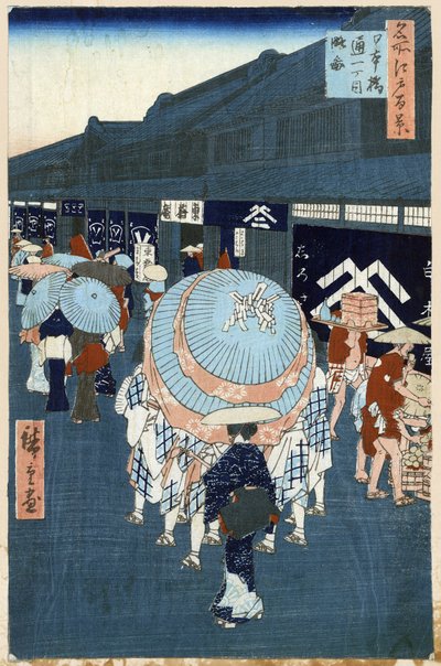 Impressão japonesa: Vista da Primeira Rua em Nihonbashidori (Tóquio, Japão). Vista da Primeira Rua em Nihonbashidori. Cem Vistas Famosas de Edo. Obra de Utagawa Hiroshige (1797-1858), xilogravura de Ando or Utagawa Hiroshige