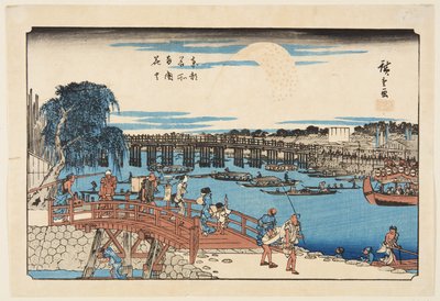 Fogos de artifício na Ponte Ry?goku (Ry?goku hanabi) (impressão em bloco de madeira colorida) de Ando or Utagawa Hiroshige