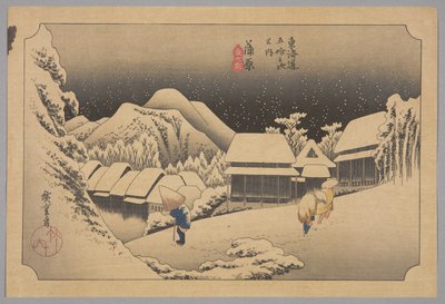 Kanbara: Night Snow (Kanbara, yoru no yuki) (impressão a cores do bloco de madeira) de Ando or Utagawa Hiroshige