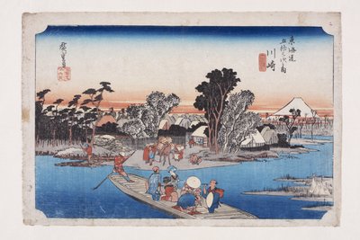 Kawasaki: O Rokug? Ferry (Kawasaki, Rokug? watashibune) (impressão em bloco de madeira colorida) de Ando or Utagawa Hiroshige