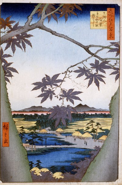 Maples para Mamãe com Templo Tekona e Ponte Tsugi. 1857. Impressões de Katswshika (Utagawa) Hiroshige (1797-1858). de Ando or Utagawa Hiroshige