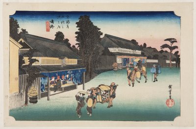 Narumi: Famoso tecido tingido de Arimatsu (Narumi, meibutsu Arimatsu shibori) (estampado em bloco de madeira colorido) de Ando or Utagawa Hiroshige