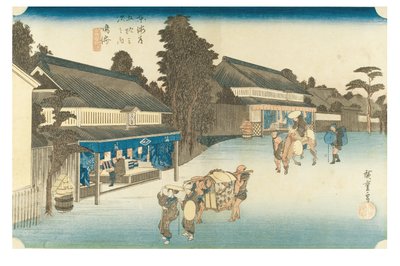 Narumi: Famoso tecido Arimatsu tingido com laço da série As Cinquenta e Três Estações do Tokaido, c.1831-1834 (xilogravura sobre papel) de Ando or Utagawa Hiroshige