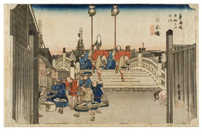 Nihonbashi: Morning View da série The Fifty-three Stations of the Tokaido, c.1831-1834 (xilogravura sobre papel) de Ando or Utagawa Hiroshige