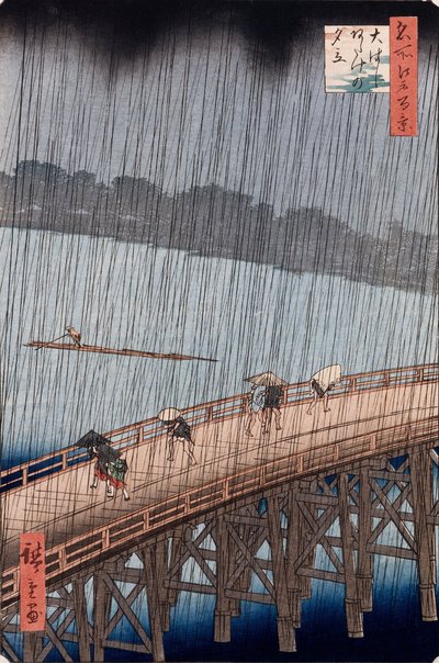 Ohashi, chuveiro repentino em Atake, da série "Cem vistas de lugares famosos em Edo" de Ando or Utagawa Hiroshige