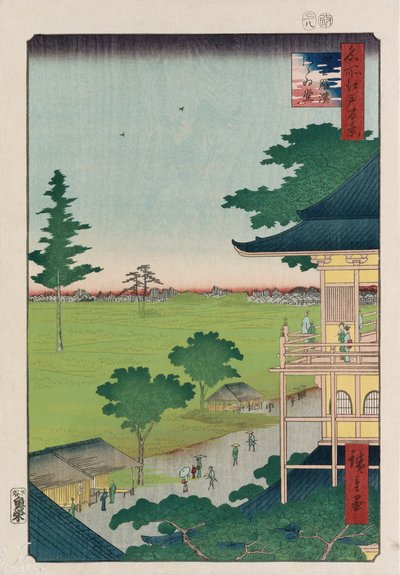 Sazai Hall, Quinhentos Raken [Templo] ", da série" Cem Vistas de Lugares Famosos em Edo " de Ando or Utagawa Hiroshige