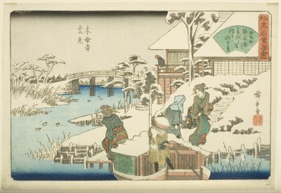 Vista da neve no Templo Mokubo-ji: O Restaurante Uekiya (Mokubo-ji yukimi, Uekiya) (impressão em bloco de madeira colorida) de Ando or Utagawa Hiroshige