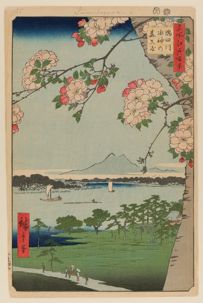 Santuário de Suijin e Massaki no Rio Sumida (Sumidagawa Suijin no Mori Massaki) de Ando or Utagawa Hiroshige