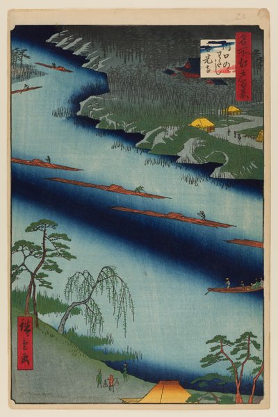O Ferry de Kawaguchi e o Templo Zenkoji de Ando or Utagawa Hiroshige