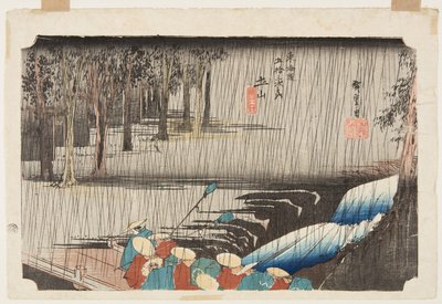 Tsuchiyama: Spring Rain (Tsuchiyama, haru no ame) (impressão em bloco de madeira colorida) de Ando or Utagawa Hiroshige