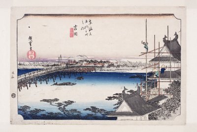 Yoshida: A Ponte do Rio Toyokawa (Yoshida, Toyokawabashi) (impressão em bloco de madeira colorida) de Ando or Utagawa Hiroshige