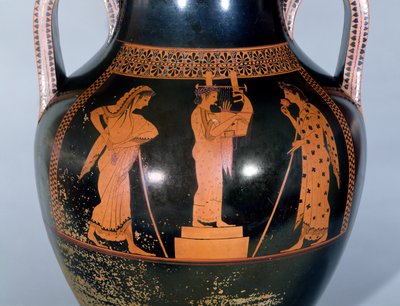 Ânfora ática de figuras vermelhas retratando uma citharede tocando em uma competição musical, c.525-520 aC (cerâmica) de Andokides Painter