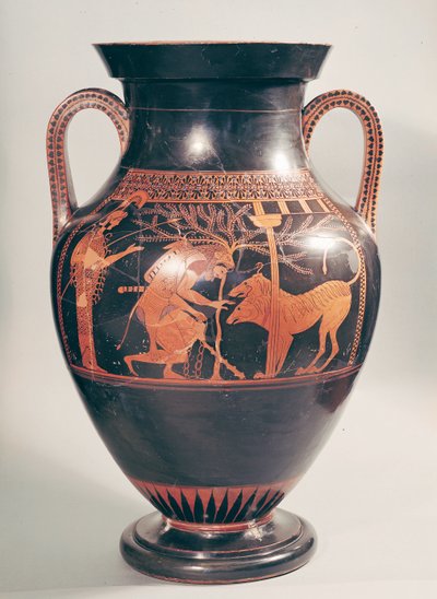 Ânfora de barriga de figura vermelha ática representando Herakles capturando Kerberus, grego, de Atenas, século 6 aC (cerâmica) de Andokides Painter