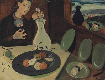 Prato de fruta e mulher com flores num vaso de Andre Derain