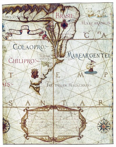 Mapa da América do Sul, em Universa ac Navigabilis Totius Terrarum Orbis Descriptio 1559 (manuscrito a cores) de André Homem