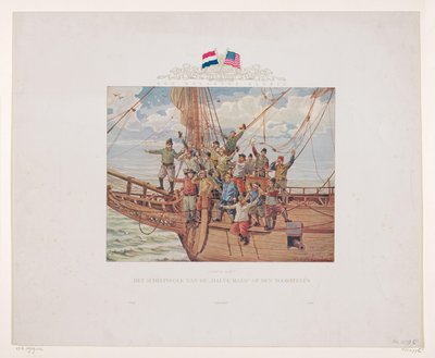 Navio de Henry Hudson, o Halve Maen, aproximando-se da costa norte-americana, 1609 Terreno à vista! As pessoas do navio do Halve Maen na proa (título no objeto) de André Vlaanderen