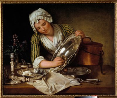 Servante asticant um prato ou pintura "La recureuse" de Andre Bouys (1656-1740) 1737 Paris, Artes Decorativas - Servo doméstico polindo a prata (ou "La Recureuse"). Pintura de Andre Bouys (1656-1740) de Andre Bouys