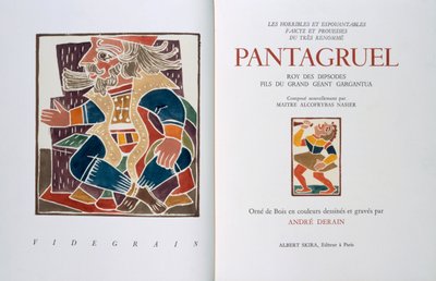 Página de título de "Les horribles et espouvantables faictz et prouesses du tres renomme Pantagruel, Roy des Dipsodes, fils du grand geant Gargantua. Compose nouvellement par Maitre Alcofybras Nasier", de François Rabelais (c.1494-1553) 1943 (xilogravura) de Andre Derain