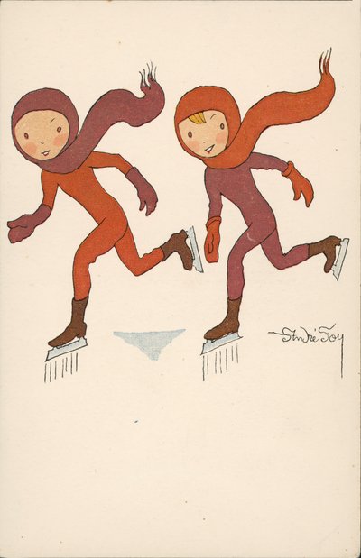 Dois rapazes a patinar no gelo (litografia a cores) de Andre Foy