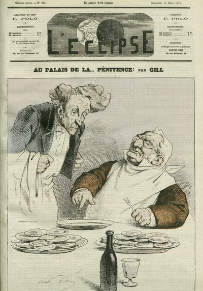No palácio da penitência, caricatura do Presidente da República Adolphe Thiers (1797-1877). Capa em "L