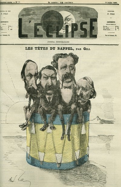 Auguste Vacquerie (1819-1895), Victor Hugo (1802-1885), Charles Hugo (1826-1871), e Paul Meurice (1818-1905), homens de letras franceses. Capa em "L