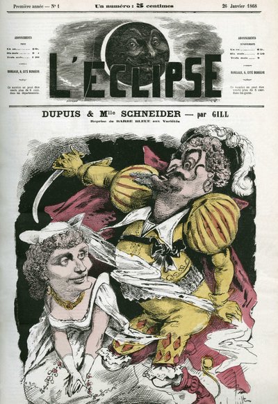 Beard-Bleue, comida de ópera sobre a música de Offenbach no teatro Varietes, com Dupuis como "Beard-Bleue" e Hortense Schneider como Boulotte. Capa em "L