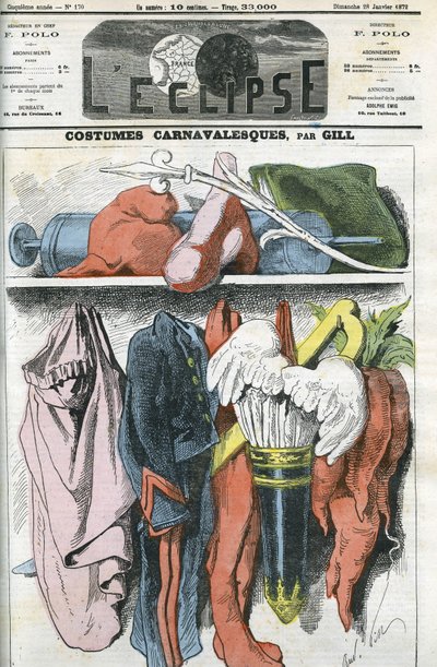 Roupas de Carnaval, um fato de artilheiro para Napoleão III, o boné republicano para Duvernois, um fato de carrasco para Bismarck... Capa em "L