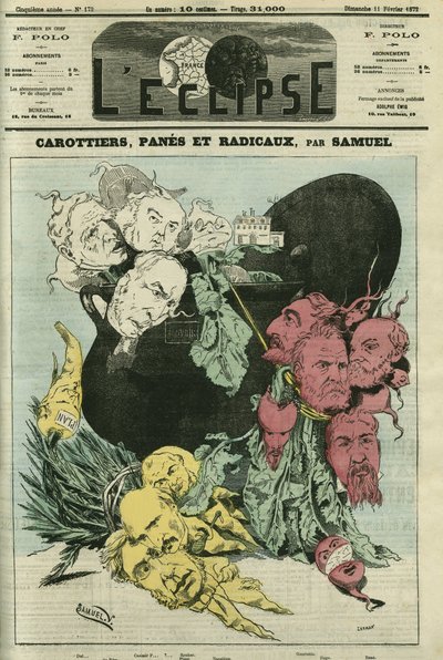 Cenouras, vidros e radicais, os diferentes partidos políticos em vegetais no pote do poder. Desenho em substituição do desenho animado de Gill, censuro. Capa em "L