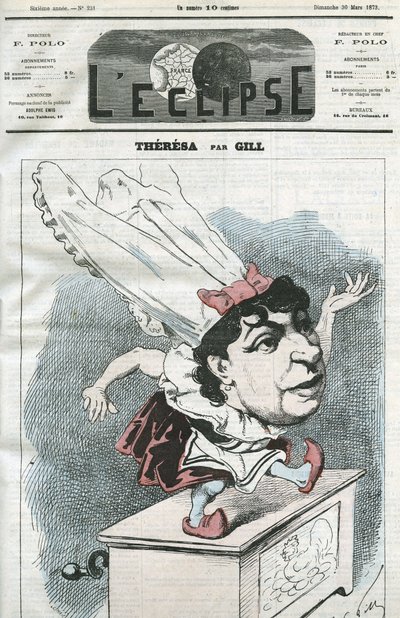 Desenho animado de Emma Valendon chamado Theresa (1837-1913), cantora popular francesa. Capa em "L