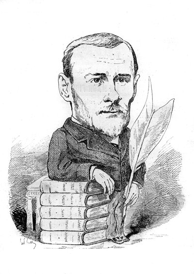 Desenho animado por Georges Ohnet (1848-1918), escritor francês que representa com seus livros e caneta. Desenho de Andre Gill. Gravura em "Le Monde Illustré" (O Mundo Ilustrado) de Andre Gill