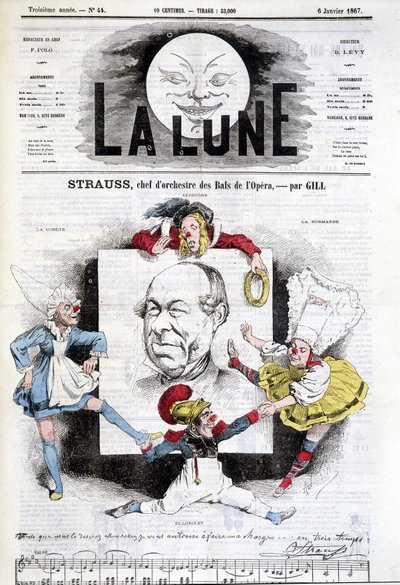 Desenho animado por Johann Strauss Jr. (1825-1899) em "A Lua", 6 de janeiro de Andre Gill
