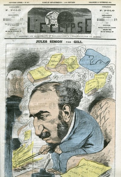Desenho animado por Jules Simon (1814-1896), político, historiador de filosofia, filósofo, ensaísta francês. Capa em "L
