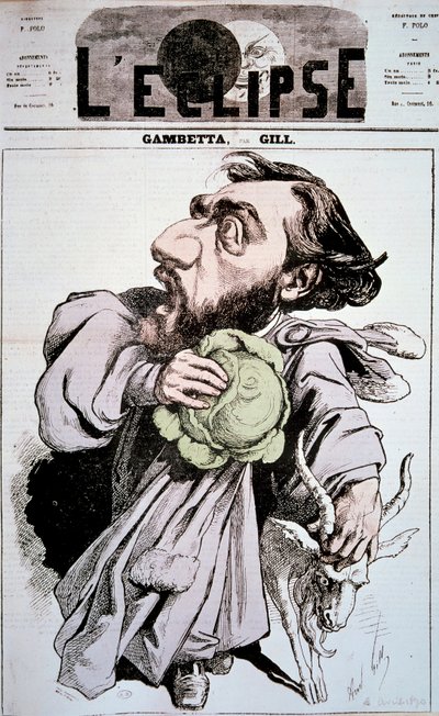 Desenho animado representando Leon Gambetta (1838-1882), um político francês. Desenho de Andre Gill (1840-1885) em "L