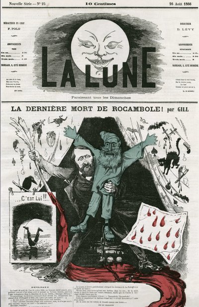 Desenho animado de "La last mort de Rocamole" e seu autor, Pierre Alexis Ponson du Terrail (1829-1871). Desenho animado de Gill, em "The Moon", 26 de agosto de Andre Gill