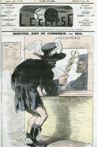 Desenho animado de "Mercúrio, Deus do Comércio". Capa em "L