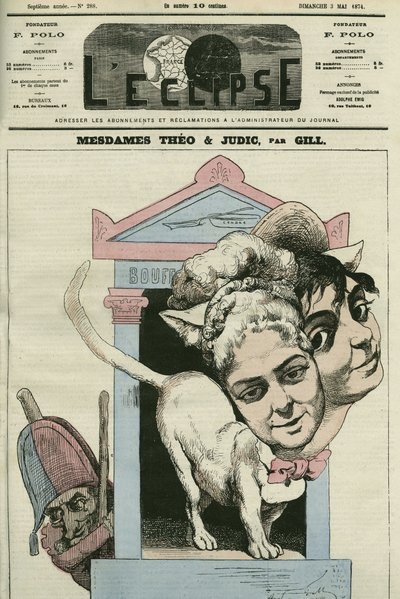 Desenho animado das damas Louise Theo e Anna Judic, cantoras numa peça de Jacques Offenbach (1819-1880), compositor. Capa em "L