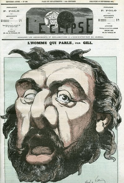 Desenho animado de "o homem que fala", Leon Gambetta (1838-1882), político francês. Capa em "L