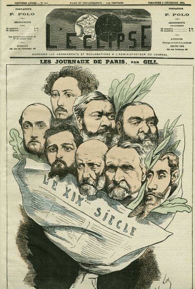 Desenho animado da equipe do jornal "Le XIXe siècle", dirigido por Edmont About (1828-?) , um homem de letras francês. Capa em "L